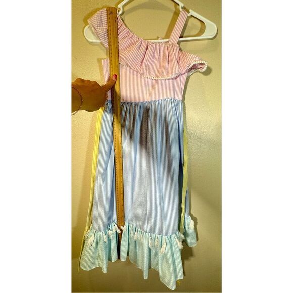 Rare Editions Little Girls Ruffle Neckline Color Block Maxi Seersucker Dress 5 - Picture 6 of 9